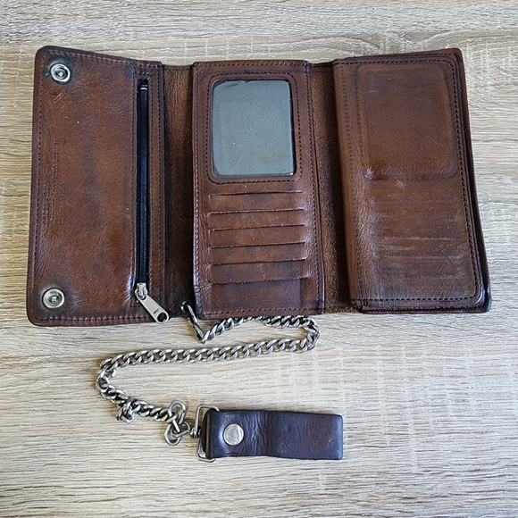 VINTAGE HARLEY DAVIDSON Motorcycle Tri Fold long Brown Leather Wallet & Chain - Picture 7 of 16